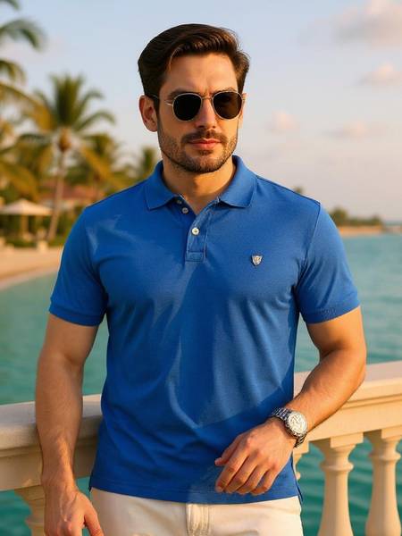 Alan Jones Solid Men Polo Neck Blue T-Shirt