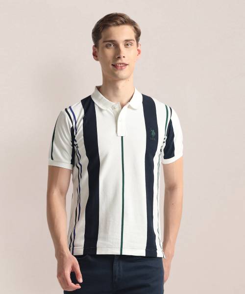 U.S. POLO ASSN. Striped Men Polo Neck White T-Shirt