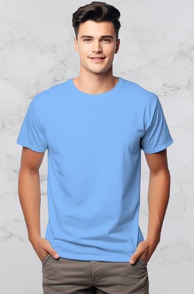 Checks & Squires Solid Men Round Neck Light Blue T-Shirt