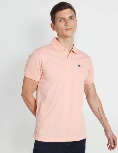 ARROW Solid Men Polo Neck Pink T-Shirt