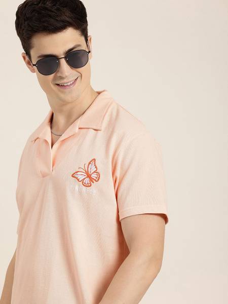 HERE&NOW Self Design Men Polo Neck Orange T-Shirt