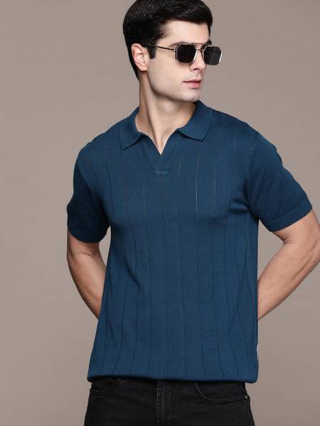 Roadster Solid Men Polo Neck Green T-Shirt