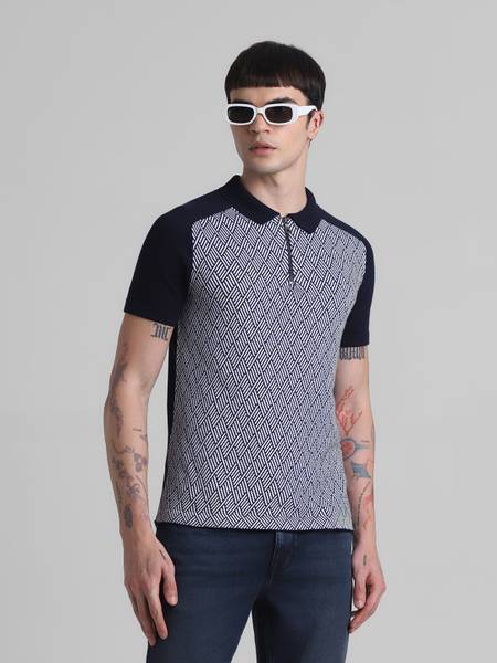 JACK & JONES Printed Men Polo Neck Dark Blue T-Shirt