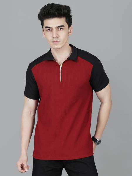London Hills Colorblock Men Polo Neck Maroon T-Shirt