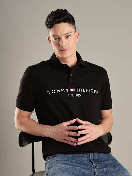 TOMMY HILFIGER Printed Men Polo Neck Black T-Shirt