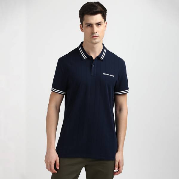 TOMMY HILFIGER Solid Men Polo Neck Navy Blue T-Shirt