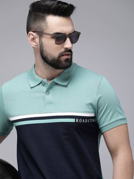 Roadster Colorblock Men Polo Neck Navy Blue T-Shirt