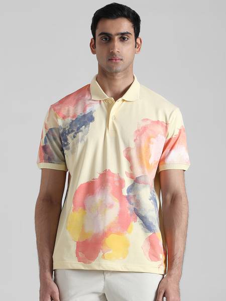 MUFTI Floral Print Men Polo Neck Yellow T-Shirt