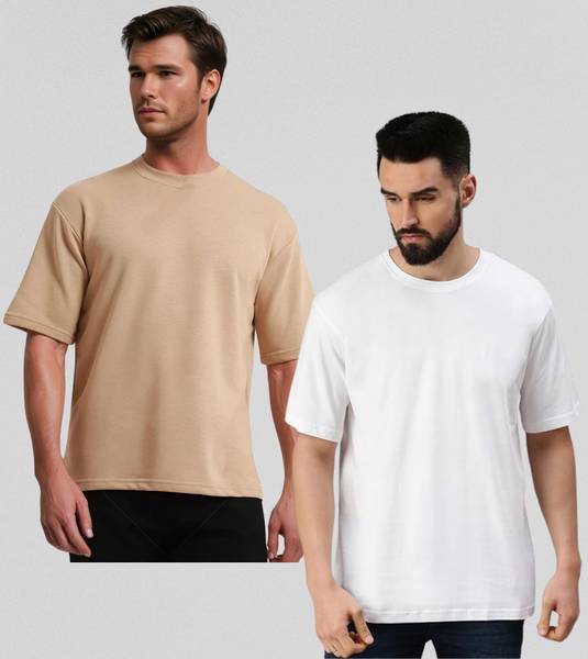 Badsoul Solid Men Round Neck Beige, White T-Shirt