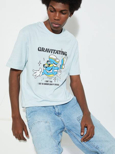 MAX Printed, Typography Men Round Neck Blue T-Shirt