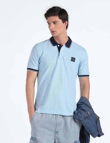 FLYING MACHINE Solid Men Polo Neck Blue T-Shirt