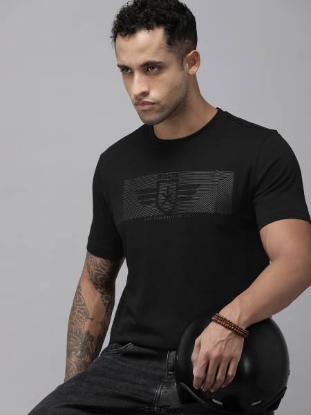 Roadster Printed Men Round Neck Black T-Shirt
