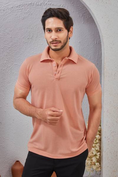 KRYVONN Solid Men Polo Neck Pink T-Shirt