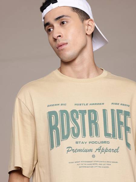Roadster Printed Men Round Neck Beige T-Shirt