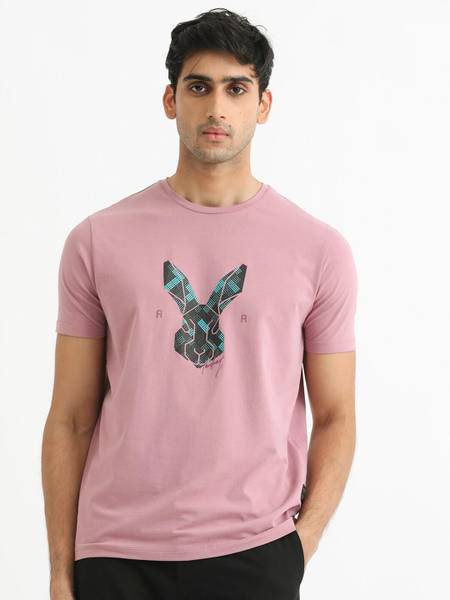 RARE RABBIT Printed Men Round Neck Pink T-Shirt