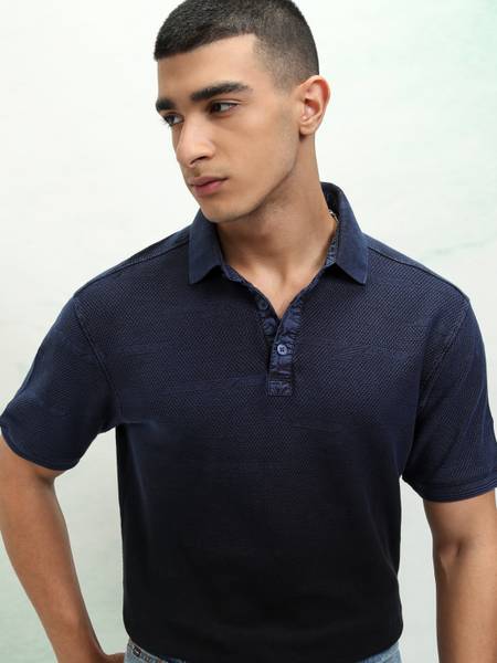HIGHLANDER Self Design Men Polo Neck Blue T-Shirt