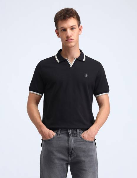 FLYING MACHINE Printed Men Polo Neck Black T-Shirt