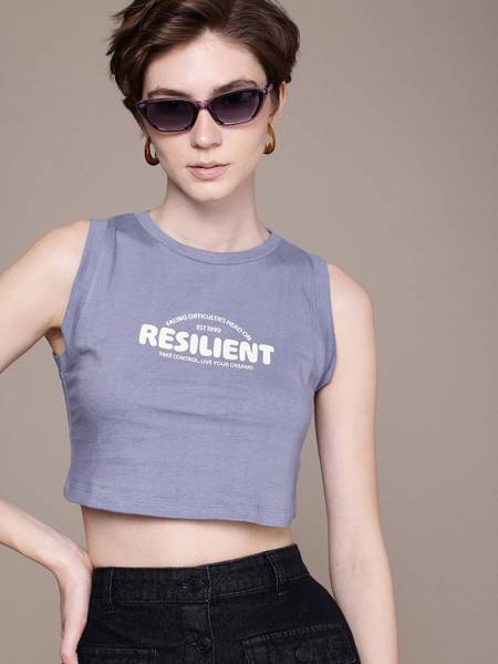Roadster Printed Women Round Neck Purple T-Shirt