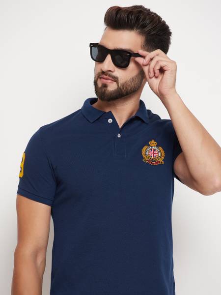 RELANE Embroidered Men Polo Neck Navy Blue T-Shirt