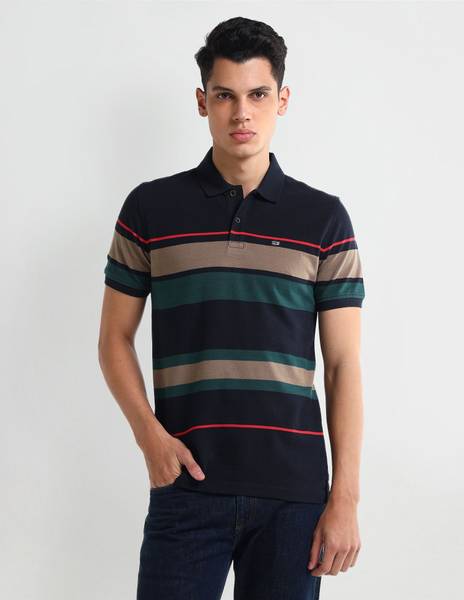 ARROW Striped Men Polo Neck Blue T-Shirt