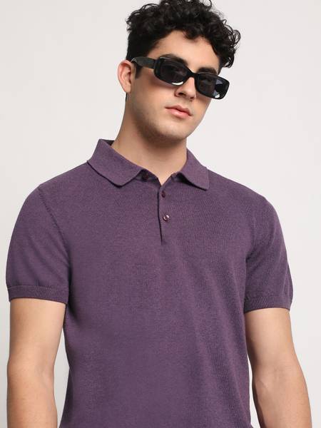 THE BEAR HOUSE Solid Men Polo Neck Purple T-Shirt