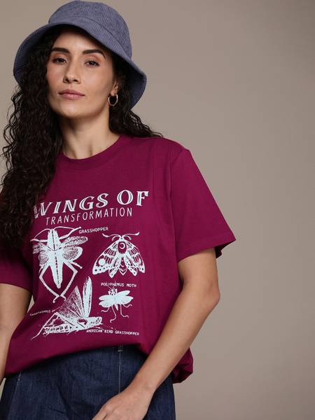 Roadster Printed Women Round Neck Purple T-Shirt