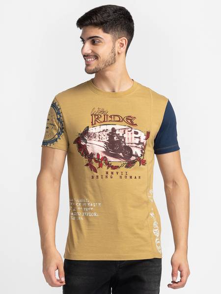 BEING HUMAN Printed Men Round Neck Yellow T-Shirt