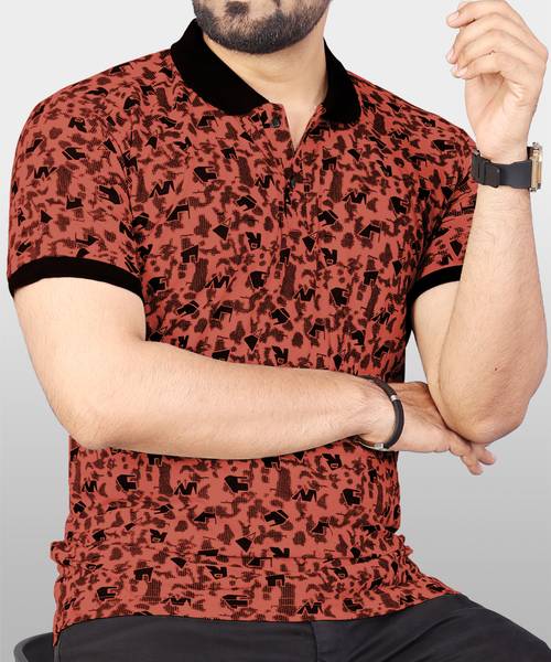 VeBNoR Printed Men Polo Neck Orange T-Shirt