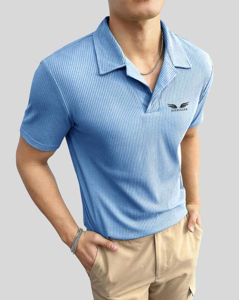 EyeBogler Printed Men Polo Neck Light Blue T-Shirt