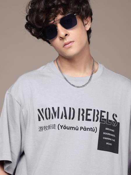 Roadster Printed Men Round Neck Grey T-Shirt