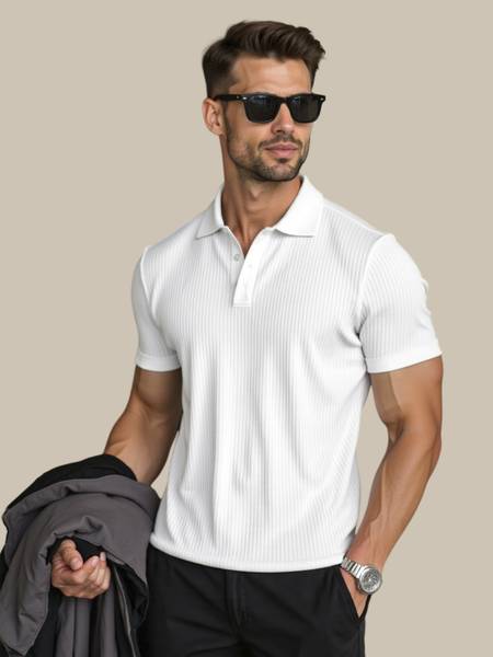 Fashion And Youth Self Design Men Polo Neck White T-Shirt