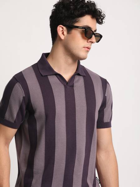 THE BEAR HOUSE Striped Men Polo Neck Purple T-Shirt