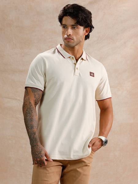 WROGN Solid Men Polo Neck Beige T-Shirt