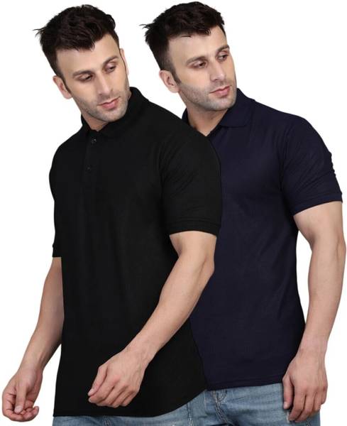 INKKR Solid Men Polo Neck Black, Navy Blue T-Shirt