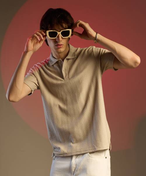 CAMPUS SUTRA Printed Men Polo Neck Beige T-Shirt