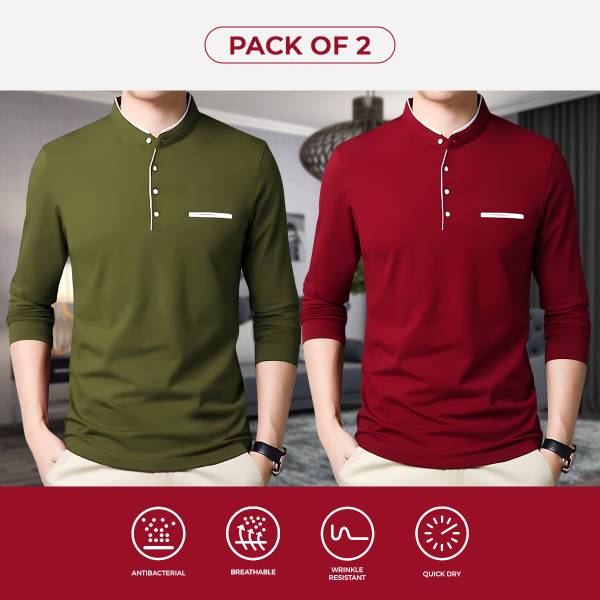 AUSK Solid Men Mandarin Collar Green, Red T-Shirt
