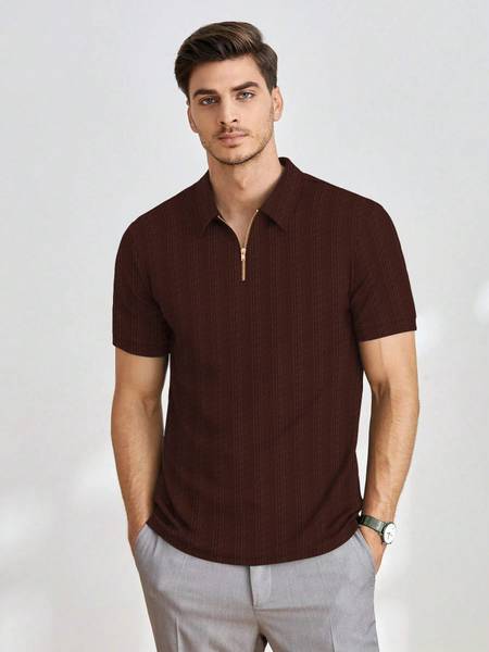 BURRMELLOW Self Design Men Polo Neck Brown T-Shirt
