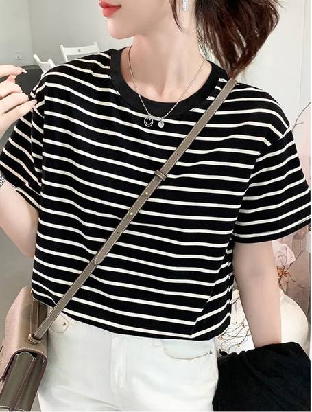 Helpom Striped Women Round Neck Black T-Shirt