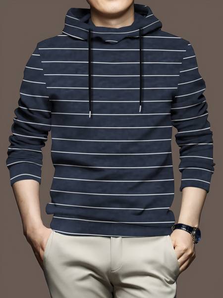 KELONBRO Striped Men Hooded Neck Navy Blue T-Shirt