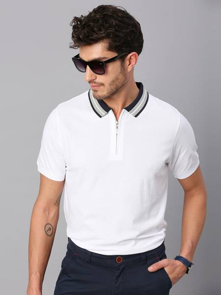 Dennis Lingo Solid Men Polo Neck White T-Shirt