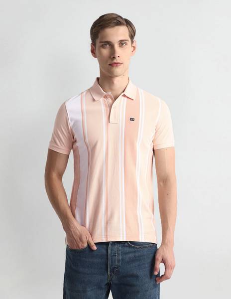 Arrow Sport Striped Men Polo Neck Pink T-Shirt