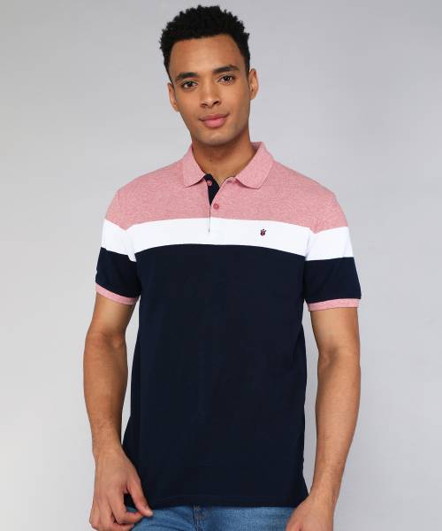 Louis Philippe Sport Striped Men Polo Neck Navy Blue Pink T Shirt