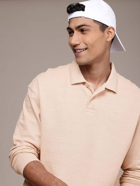 WROGN Self Design Men Polo Neck Beige T-Shirt