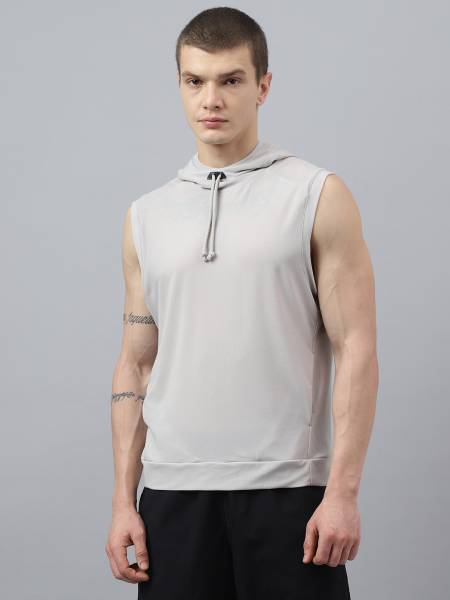Fitkin Solid Men Hooded Neck Grey T-Shirt
