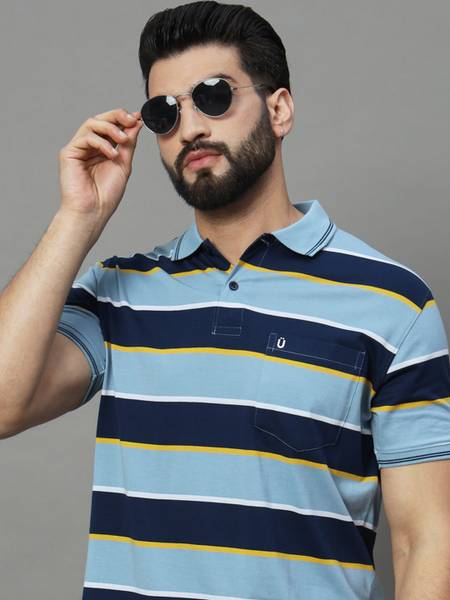 UNIBERRY Striped Men Polo Neck Light Blue T-Shirt