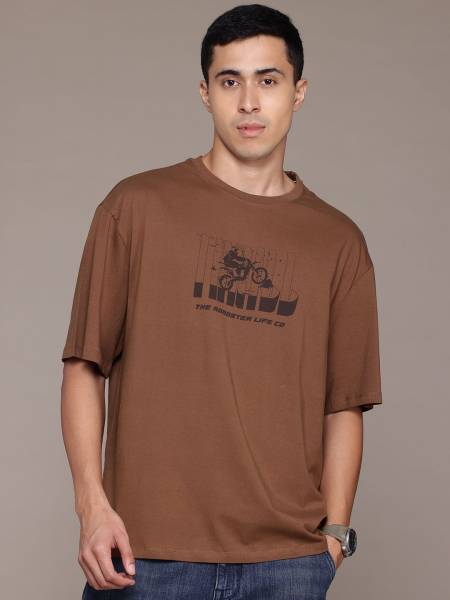 Roadster Printed Men Round Neck Brown T-Shirt