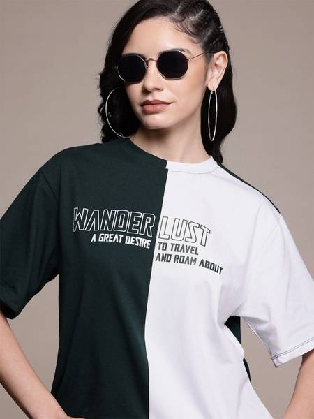 Roadster Colorblock Women Round Neck Black, White T-Shirt