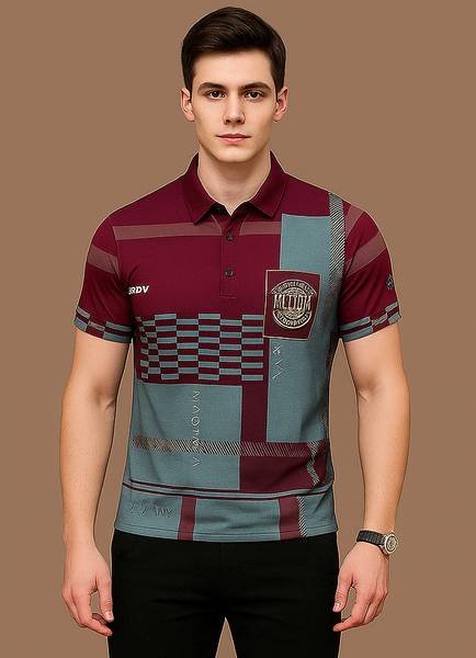 rizim Geometric Print Men Polo Neck Maroon T-Shirt