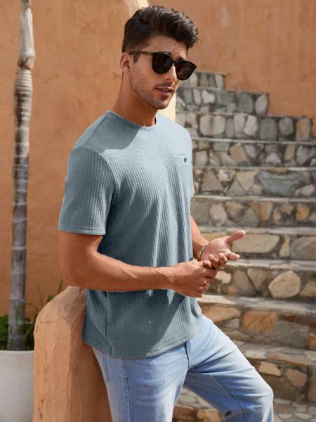 KRYVONN Self Design Men Round Neck Grey T-Shirt