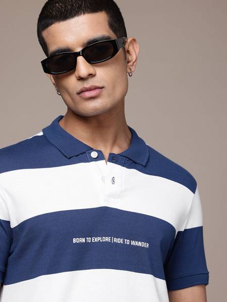 Roadster Striped Men Polo Neck Blue T-Shirt
